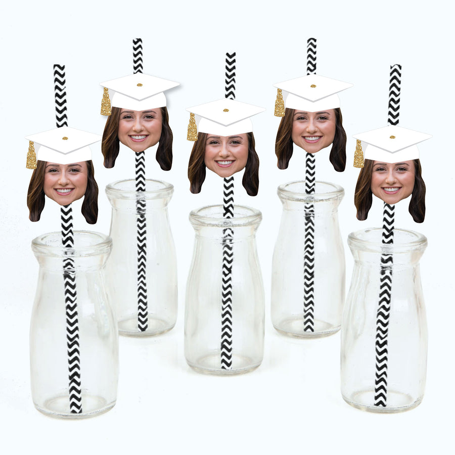 Custom Fun Face White & Gold Grad Cap Straw Decor - 24 Ct