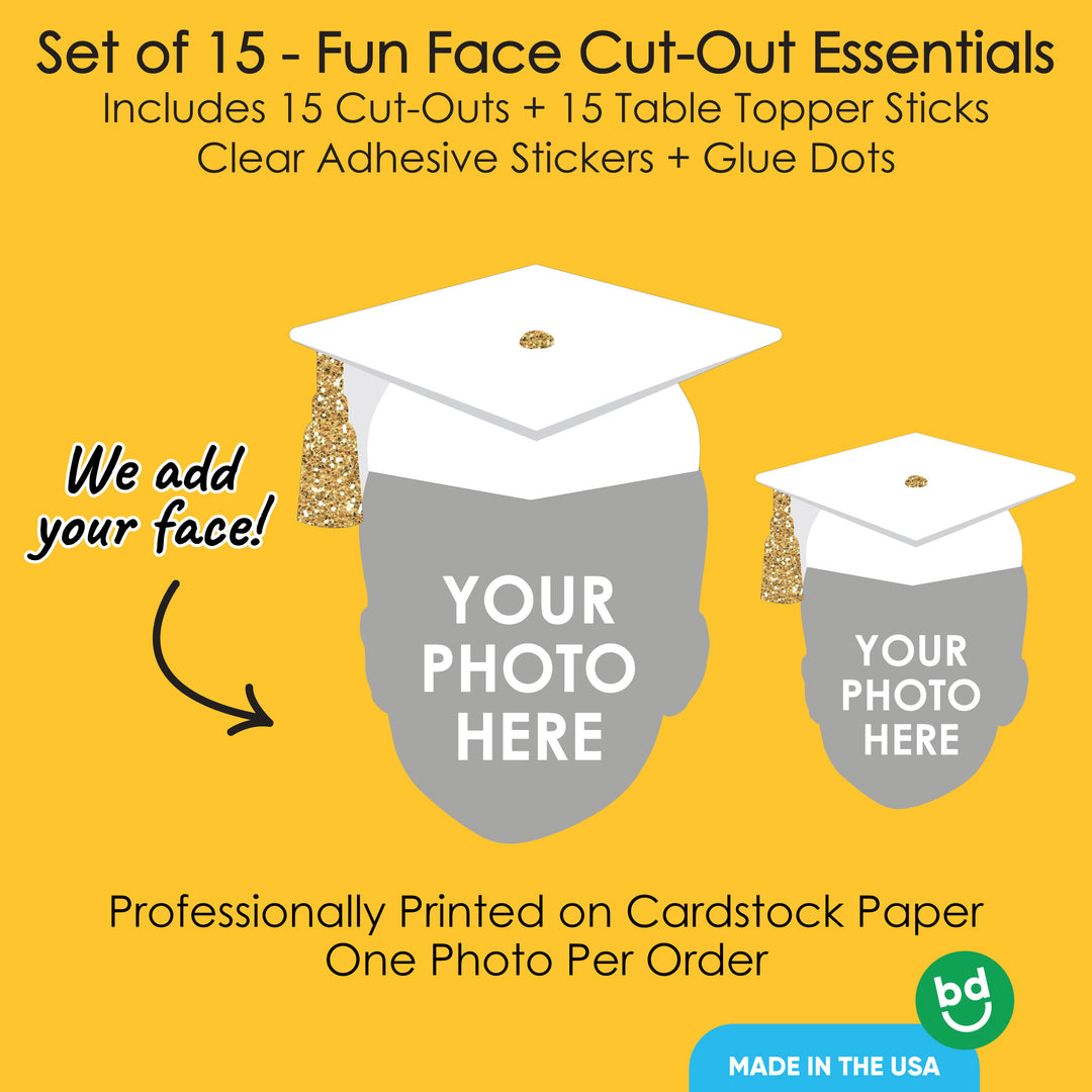 Custom Fun Face White & Gold Grad Cap Table Toppers - 15 Ct