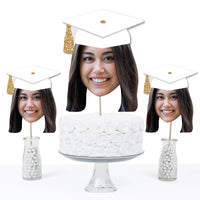 Custom Fun Face White & Gold Grad Cap Table Toppers - 15 Ct