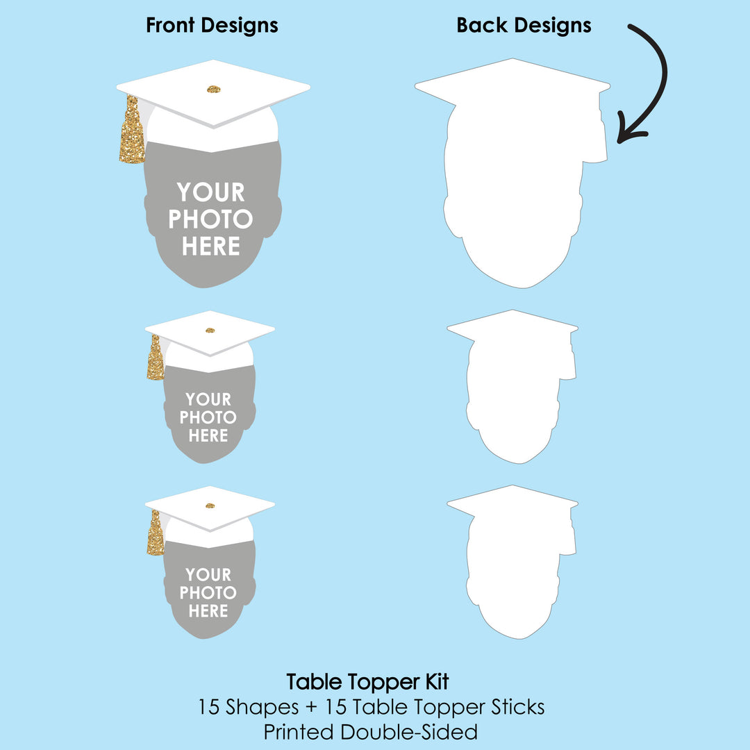 Custom Fun Face White & Gold Grad Cap Table Toppers - 15 Ct