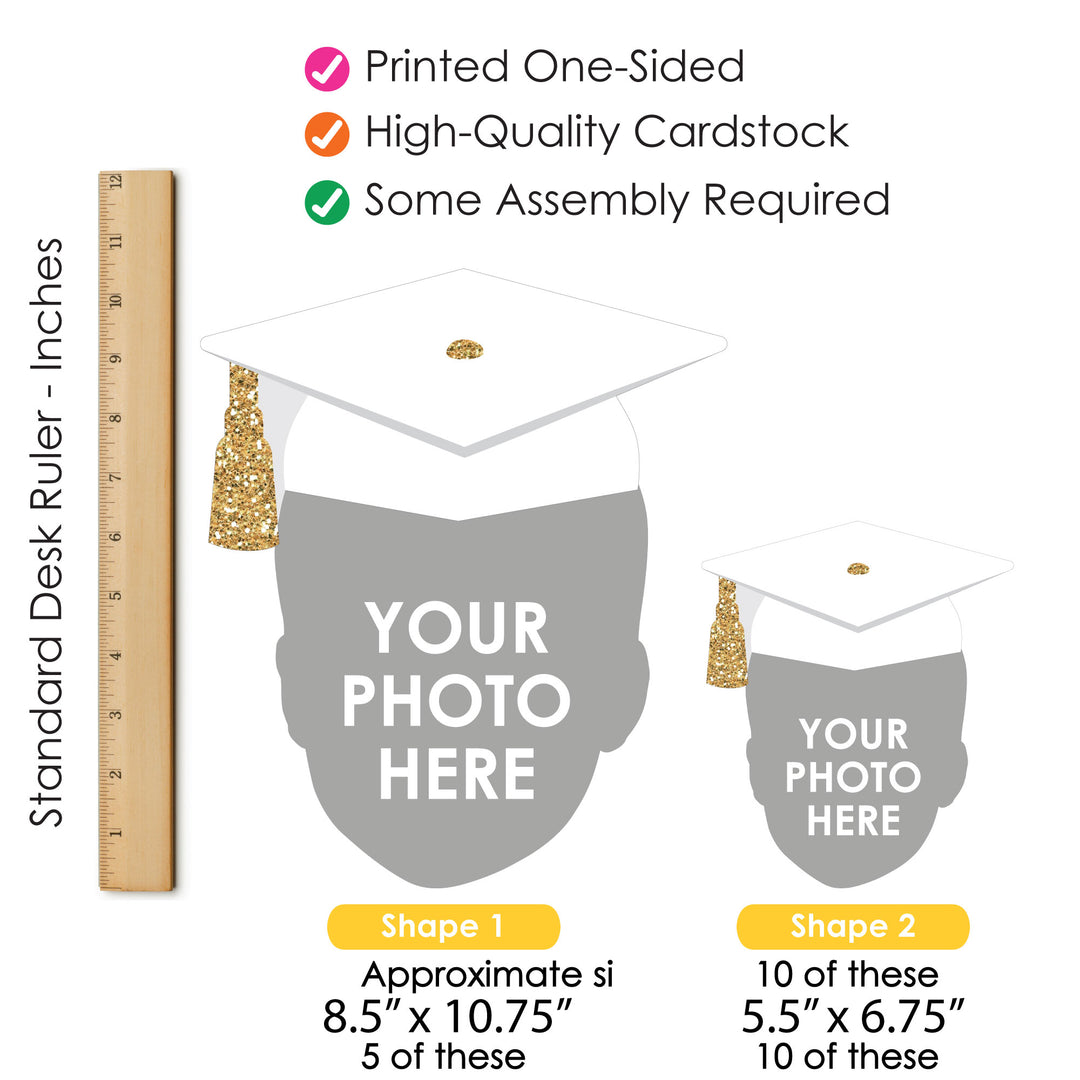 Custom Fun Face White & Gold Grad Cap Table Toppers - 15 Ct