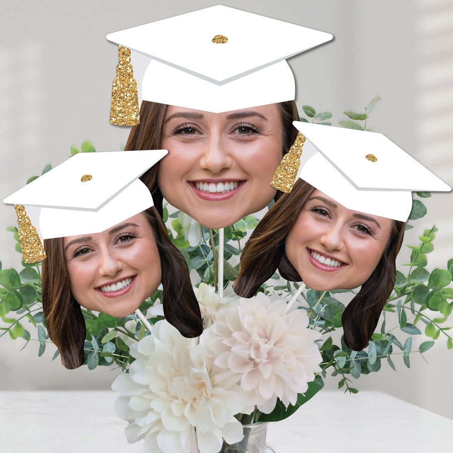 Custom Fun Face White & Gold Grad Cap Table Toppers - 15 Ct