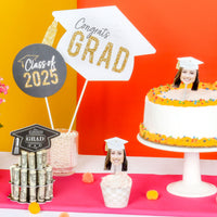 Custom Fun Face White & Gold Grad Cap Treat Picks - 24 Ct