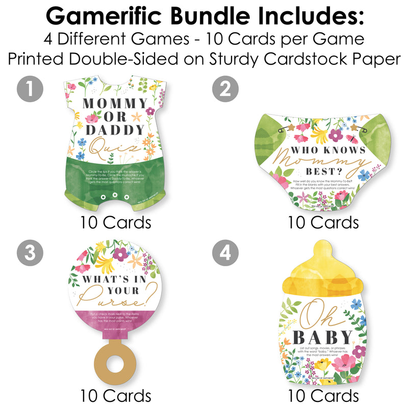 Wildflowers Baby - 4 Boho Floral Baby Shower Games - 10 Cards Each - Who Knows Mommy Best, Mommy or Daddy Quiz, What’s in Your Purse and Oh Baby - Gamerific Bundle