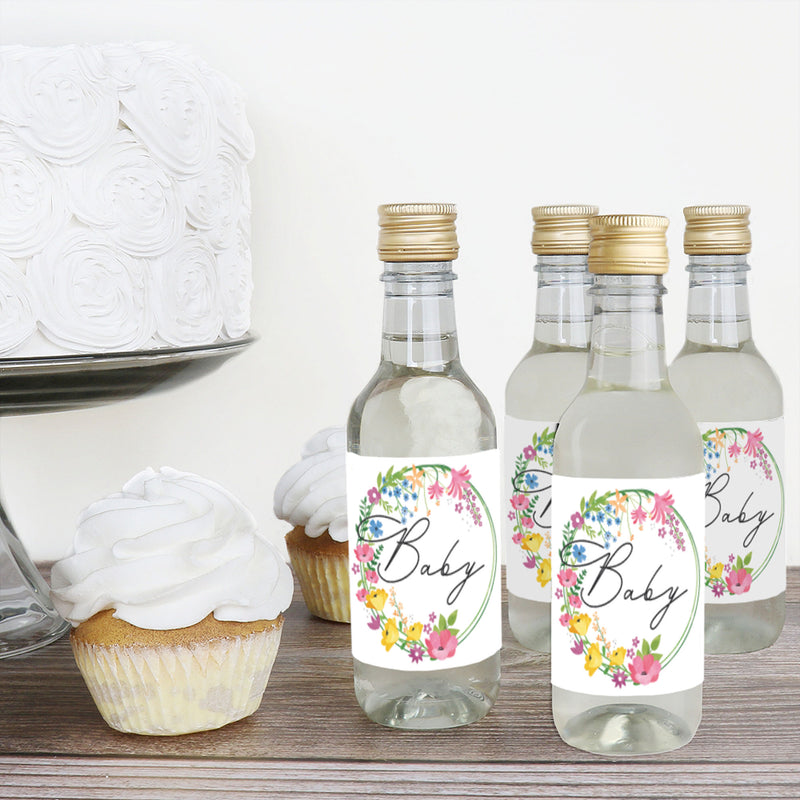 Wildflowers Baby - Mini Wine and Champagne Bottle Label Stickers - Boho Floral Baby Shower Favor Gift for Women and Men - Set of 16