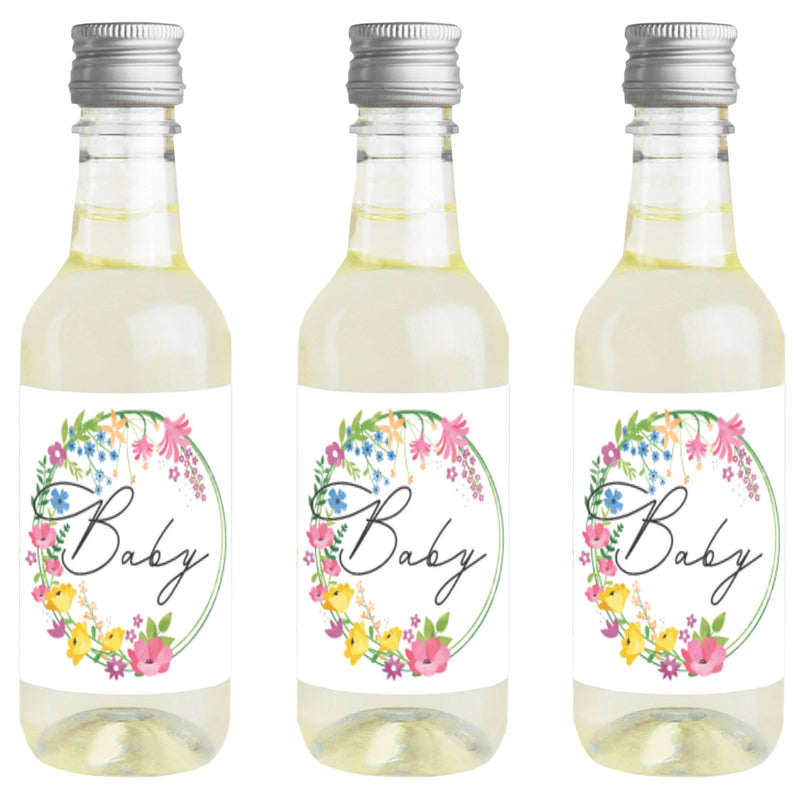 Wildflowers Baby - Mini Wine and Champagne Bottle Label Stickers - Boho Floral Baby Shower Favor Gift for Women and Men - Set of 16