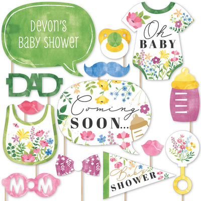 Wildflowers Baby - Personalized Boho Floral Baby Shower Photo Booth Props Kit - 20 Count