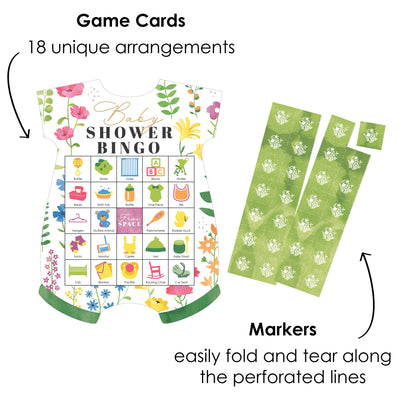 Wildflowers Baby - Picture Bingo Cards and Markers - Boho Floral Baby Shower Shaped Bingo Game - Set of 18
