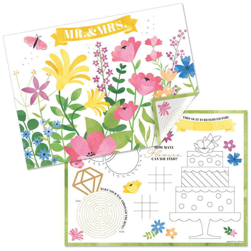 Wildflowers Bride - Paper Boho Floral Bridal Shower and Wedding Party Coloring Sheets - Activity Placemats - Set of 16