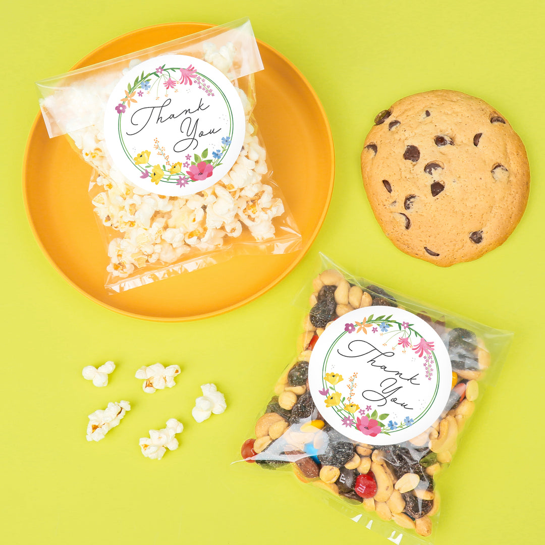 Wildflowers Thank You Wedding Stickers & Clear Cookie Bags - 25 Ct
