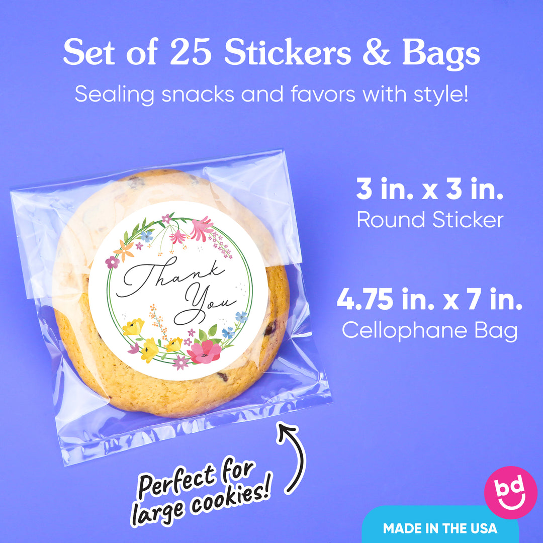 Wildflowers Thank You Wedding Stickers & Clear Cookie Bags - 25 Ct