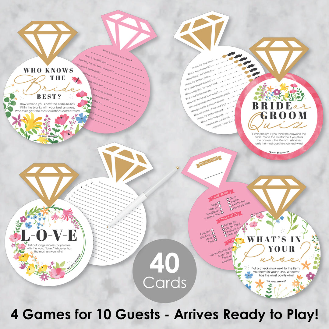 Wildflowers Bride - 4 Boho Floral Bridal Shower Games - 10 Cards Each - Who Knows The Bride Best, Bride or Groom Quiz, What’s in Your Purse and Love - Gamerific Bundle