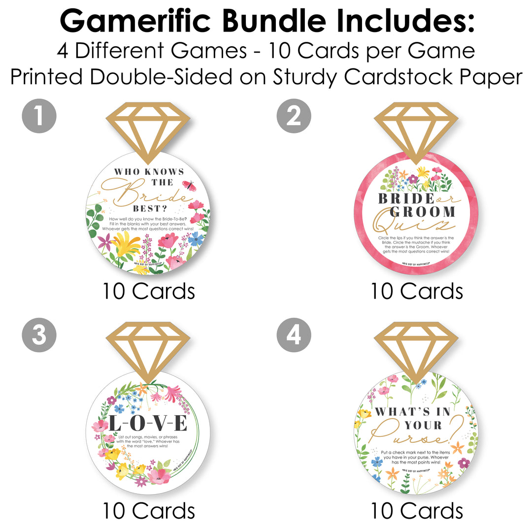Wildflowers Bride - 4 Boho Floral Bridal Shower Games - 10 Cards Each - Who Knows The Bride Best, Bride or Groom Quiz, What’s in Your Purse and Love - Gamerific Bundle
