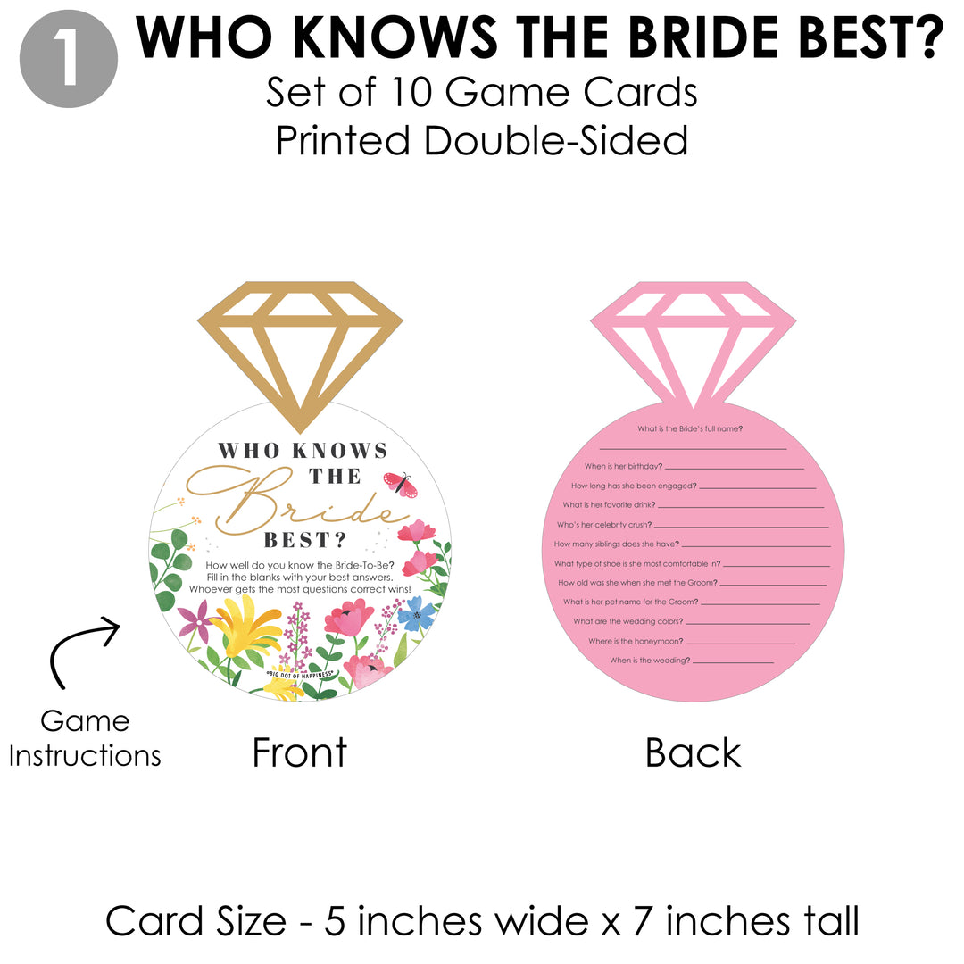 Wildflowers Bride - 4 Boho Floral Bridal Shower Games - 10 Cards Each - Who Knows The Bride Best, Bride or Groom Quiz, What’s in Your Purse and Love - Gamerific Bundle