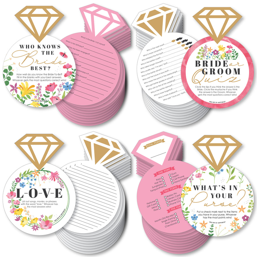 Wildflowers Bride - 4 Boho Floral Bridal Shower Games - 10 Cards Each - Who Knows The Bride Best, Bride or Groom Quiz, What’s in Your Purse and Love - Gamerific Bundle