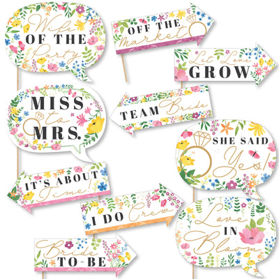 Funny Wildflowers Bride - Boho Floral Bridal Shower and Wedding Party Photo Booth Props Kit - 10 Piece