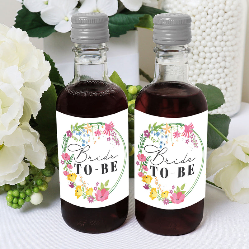 Wildflowers Bride - Mini Wine and Champagne Bottle Label Stickers - Boho Floral Bridal Shower and Wedding Party Favor Gift for Women and Men - Set of 16