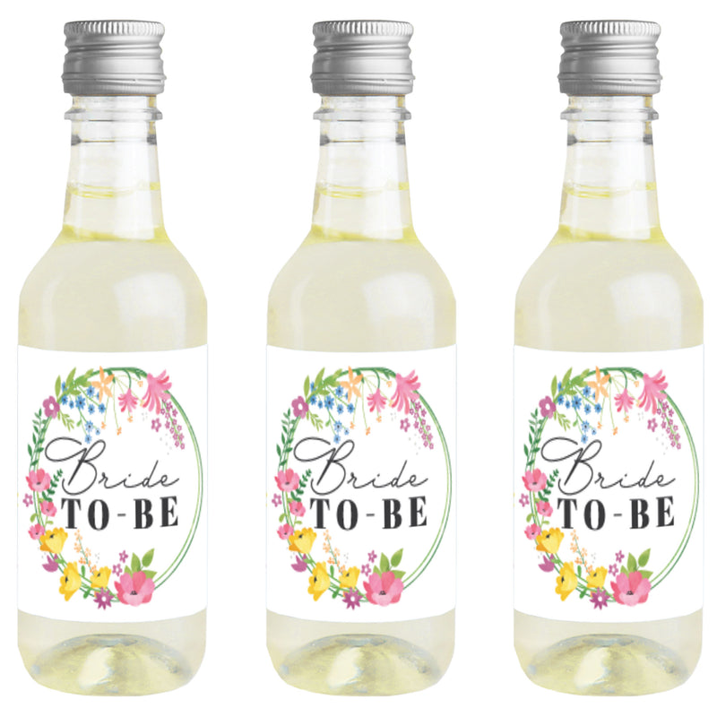 Wildflowers Bride - Mini Wine and Champagne Bottle Label Stickers - Boho Floral Bridal Shower and Wedding Party Favor Gift for Women and Men - Set of 16