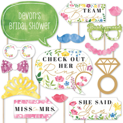 Wildflowers Bride - Boho Floral Bridal Shower and Wedding Party Photo Booth Props Kit - 20 Count