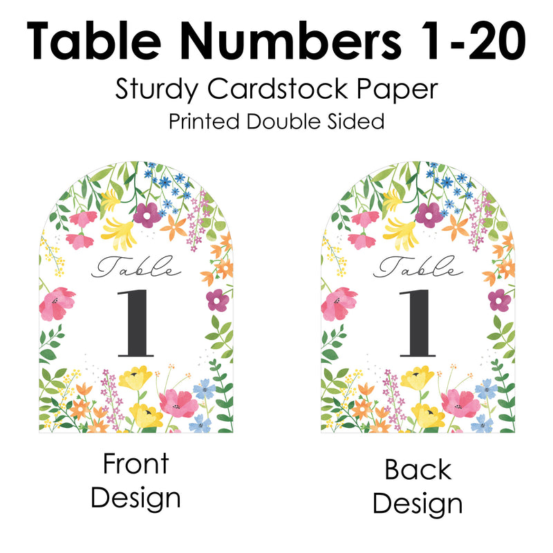 Wildflowers Bride - Boho Floral Bridal Shower and Wedding Party Double-Sided 5 x 7 inches Cards - Table Numbers - 1-20