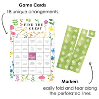 Wildflowers Bride - Find the Guest Bingo Cards and Markers - Boho Floral Bridal Shower and Wedding Party Bingo Game - Set of 18