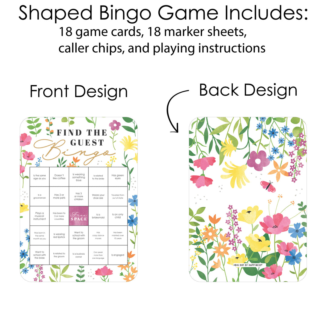 Wildflowers Bride - Find the Guest Bingo Cards and Markers - Boho Floral Bridal Shower and Wedding Party Bingo Game - Set of 18
