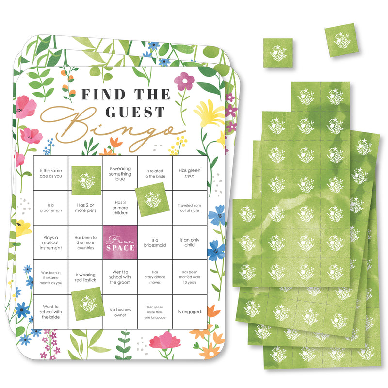 Wildflowers Bride - Find the Guest Bingo Cards and Markers - Boho Floral Bridal Shower and Wedding Party Bingo Game - Set of 18