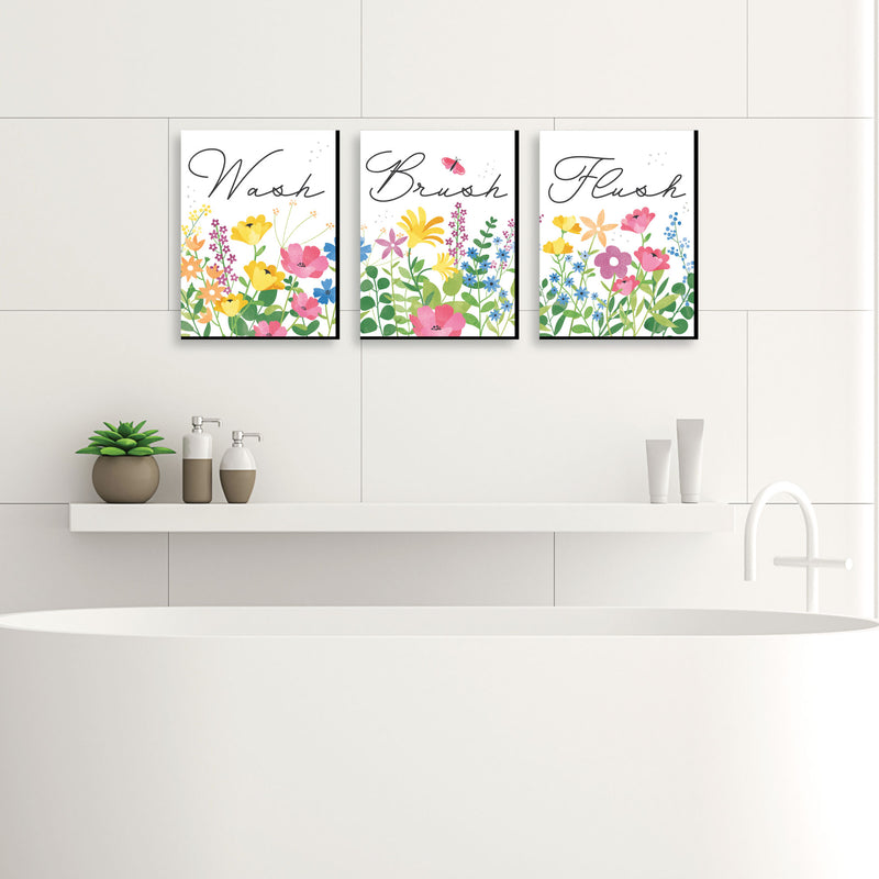 Wildflowers - Boho Floral Kids Bathroom Rules Wall Art - 7.5 x 10 inches - Set of 3 Signs - Wash, Brush, Flush