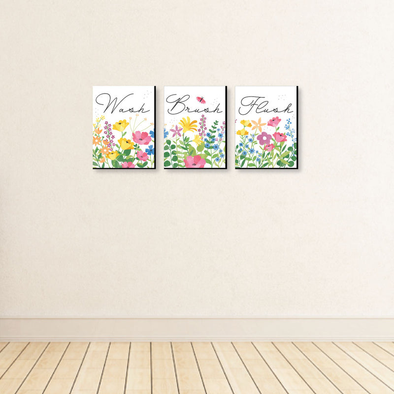 Wildflowers - Boho Floral Kids Bathroom Rules Wall Art - 7.5 x 10 inches - Set of 3 Signs - Wash, Brush, Flush