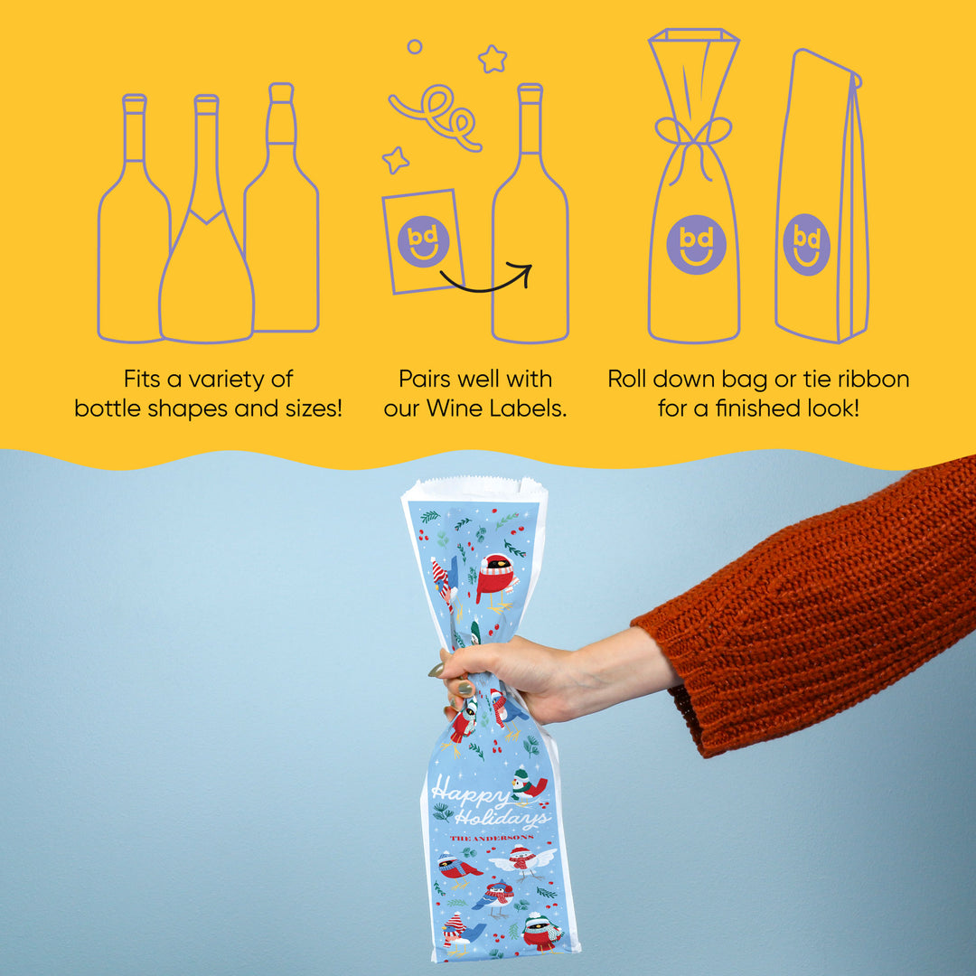 Custom Text Wine Bags - Winter Birds
