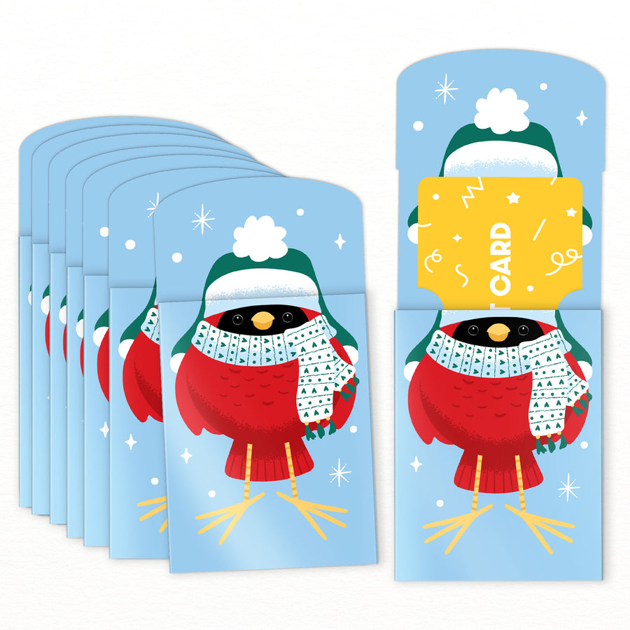 Set of Christmas-themed Gift card holders with a red bird design on a blue background.