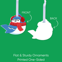 Illustration of a penguin ornament with a red scarf and blue hat on a green background, showing front and back views.