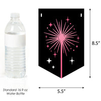 Black decorative banner with pink starburst design next to a standard water bottle for size comparison.