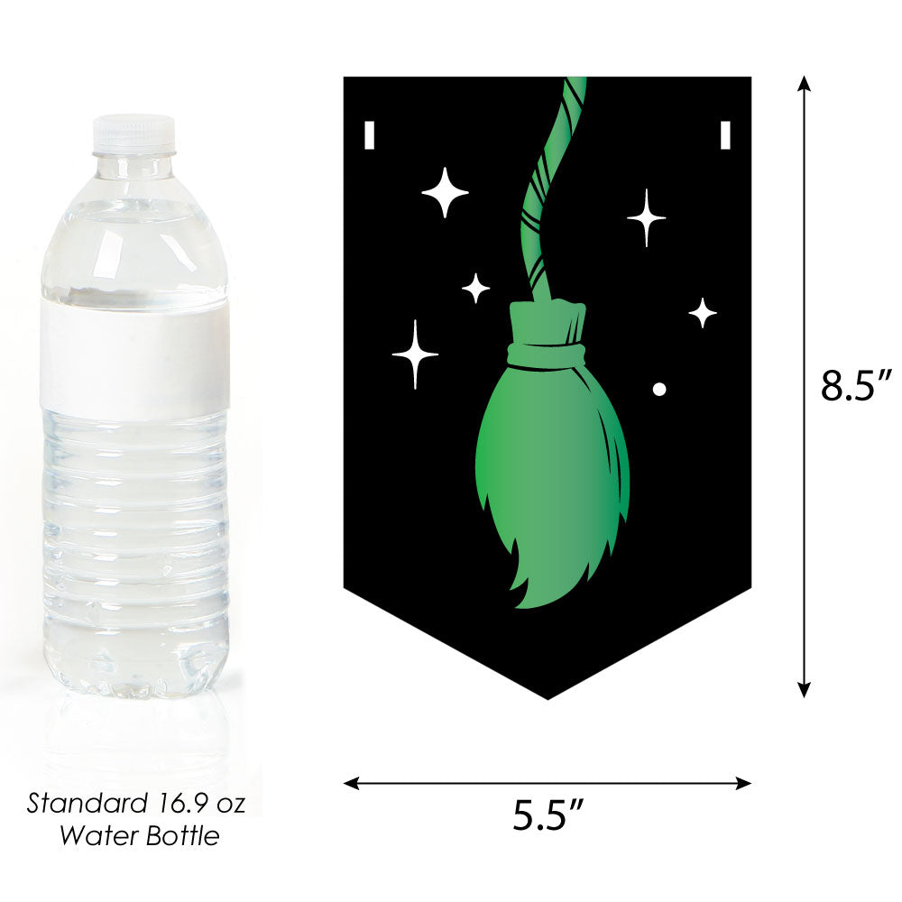 Green broom on a black banner with dimensions relative to a water bottle