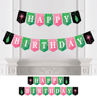Happy Birthday banner with colorful letters on a white background