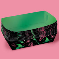 Stack of wicked party green paper plates with a black and pink design on a pink background