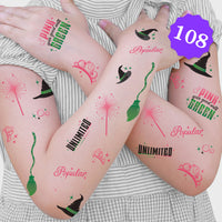 Temporary tattoos on a person's arms with various designs and text, including 'Pink goes great with green' and 'Unlimited Popular'.