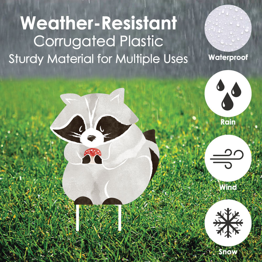 Raccoon-shaped yard sign decorative item on grass with weather-resistant material text and icons.