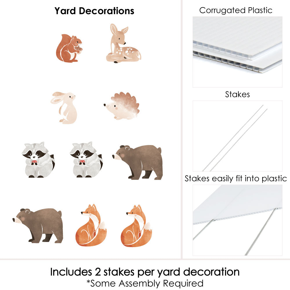 Yard decorations with animal illustrations and text about materials and assembly.