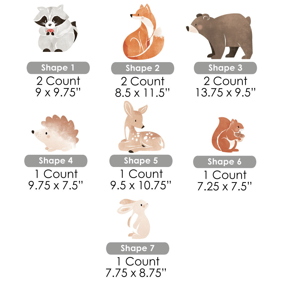 Illustrations of various animal shaped yard signs with dimensions on a white background