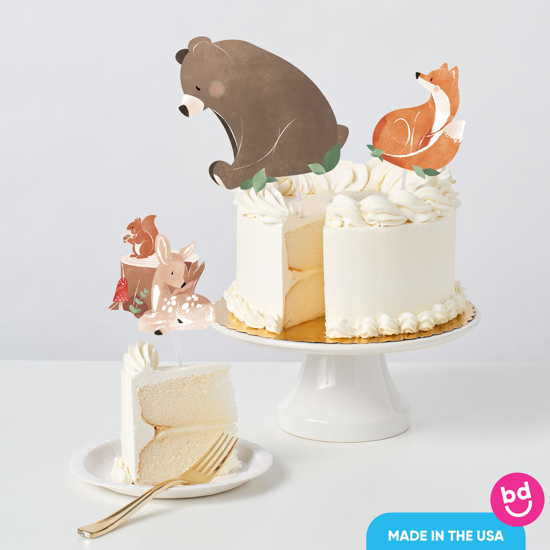 woodland baby shower cake with animal toppers