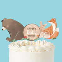 Woodland animals cake topper with bear fox deer and wood slice sign