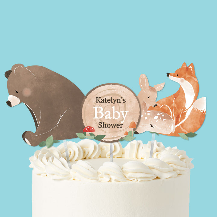 Woodland animals cake topper with bear fox deer and wood slice sign
