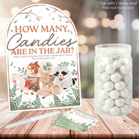 Jar with candy and a guessing card on a wooden surface, woodland animals baby shower game activity