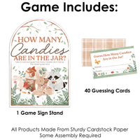 Game packaging with 'How Many Candies Are in the Jar?' title, game sign stand, and guessing cards on a white background. For a forest animal baby shower 