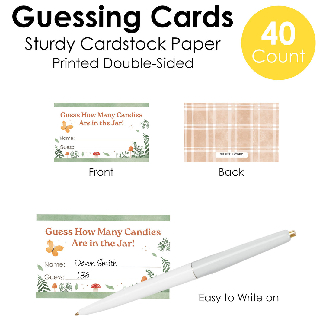 Guessing cards with front and back designs, pen, and text about cardstock quality.