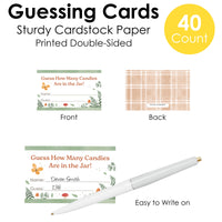 Guessing cards with front and back designs, pen, and text about cardstock quality.