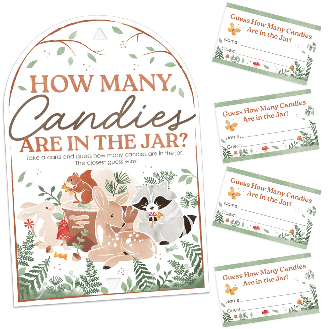 Game set with animal-themed cards and a board titled 'How Many Candies Are in the Jar?'