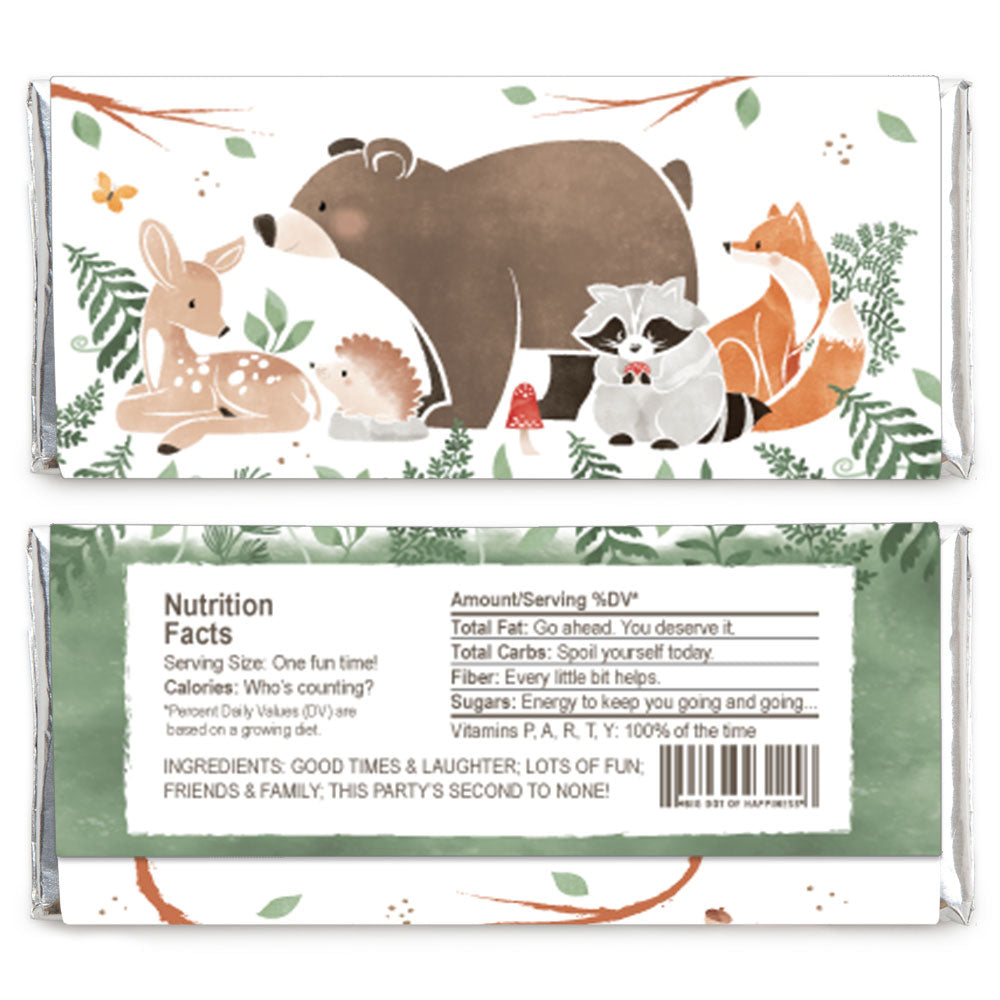 Woodland animal-themed candy bar wrapper with bear, deer, and fox design for woodland baby shower