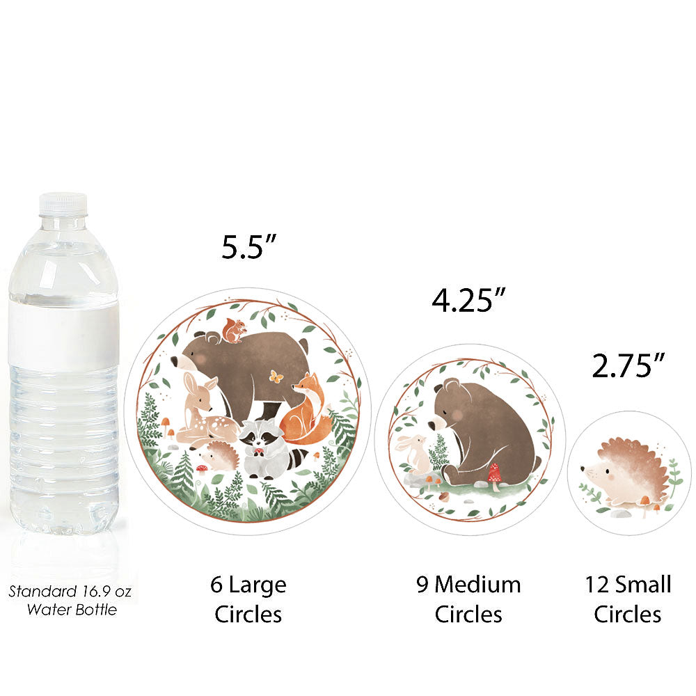Woodland animal-themed party decor with sizes compared to a water bottle on a white background.